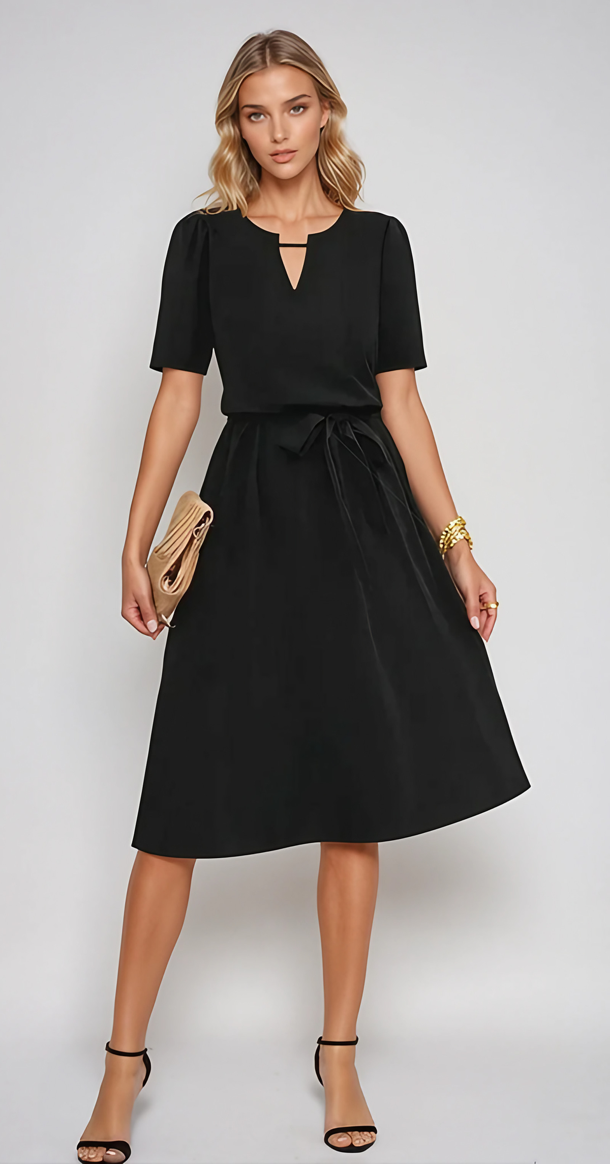 Robe d'été fluide à encolure crantée et nœud, du S au XL, noir
