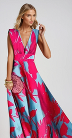 Robe d'été longue femme, coupe fluide, quatre coloris vifs, fuchsia