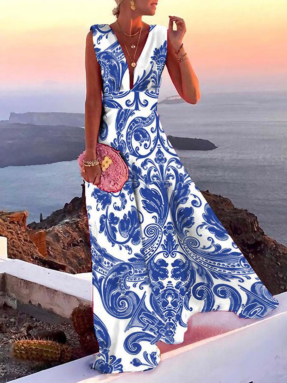 Robe d'été longue femme, coupe fluide, quatre coloris vifs, bleu