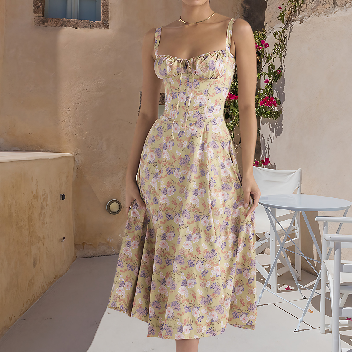 Robe d'été femme cintrée et fluide, unie ou fleurie, du S au 2XL, fleurs mauves et blanches