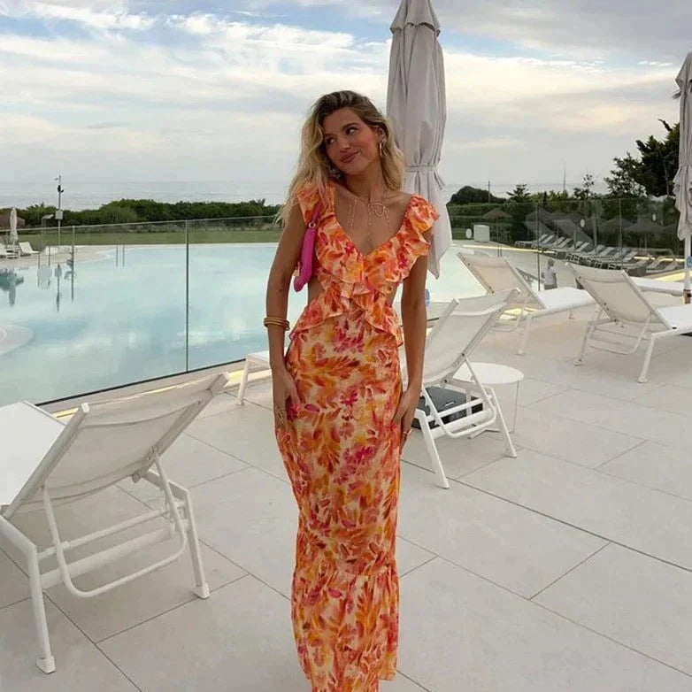 Robe imprimée à volants orange, du XS au L