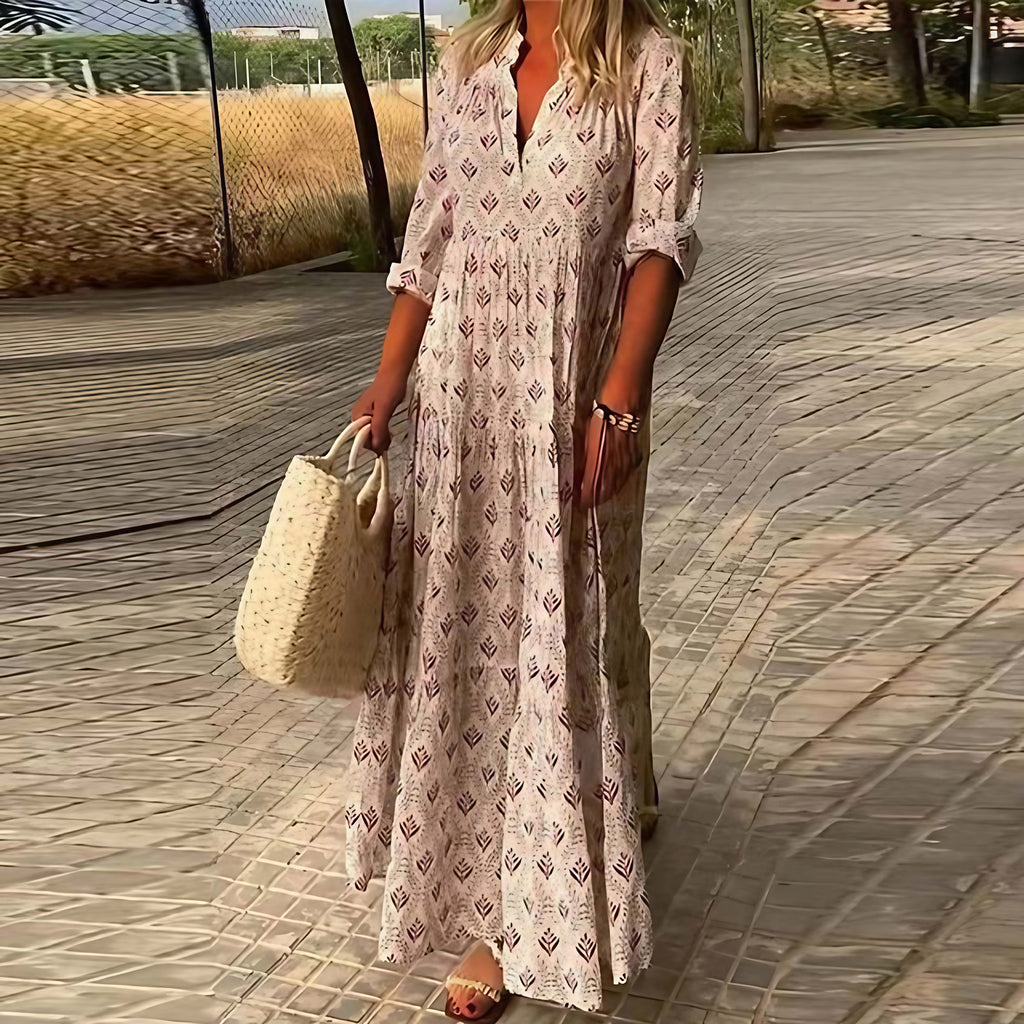 Robe longue d'été à manches longues et col V, du S au 3XL, rose