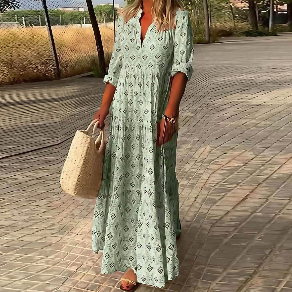 Robe longue d'été à manches longues et col V, du S au 3XL, vert