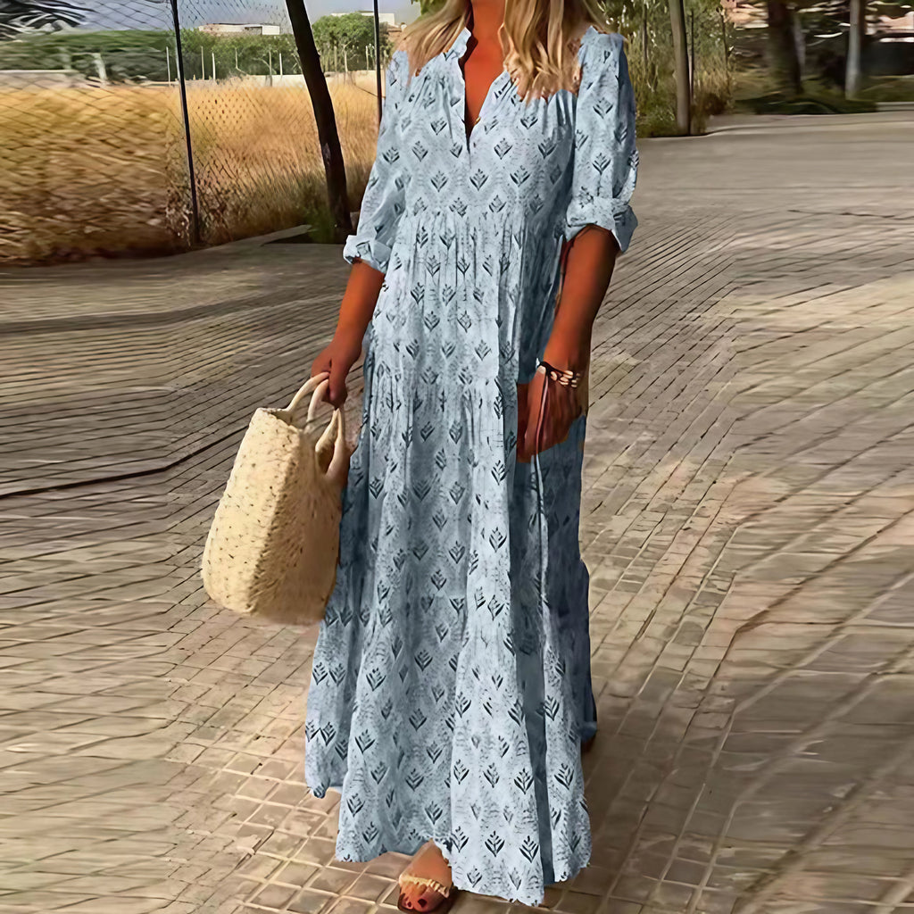 Robe longue d'été à manches longues et col V, du S au 3XL, bleu