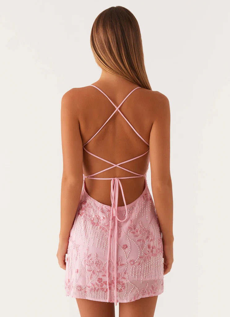 Robe à sequins brodés dos nu, coupe ajustée, du S au 2XL
