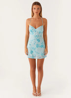 Robe à sequins brodés dos nu, coupe ajustée, du S au 2XL, bleu
