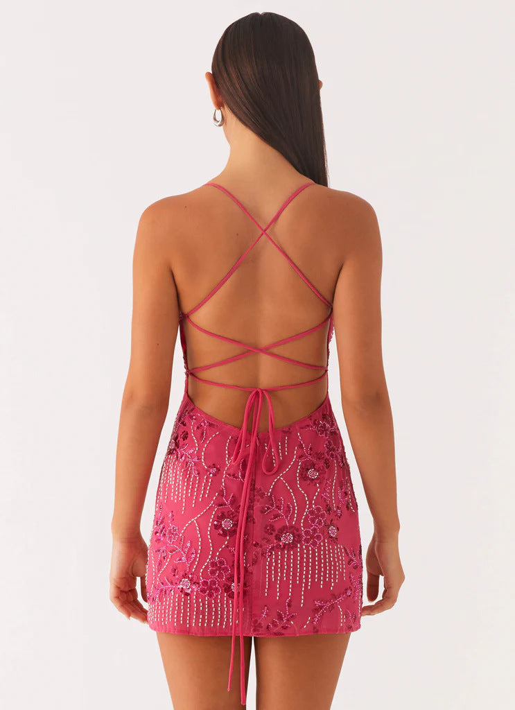Robe à sequins brodés dos nu, coupe ajustée, du S au 2XL