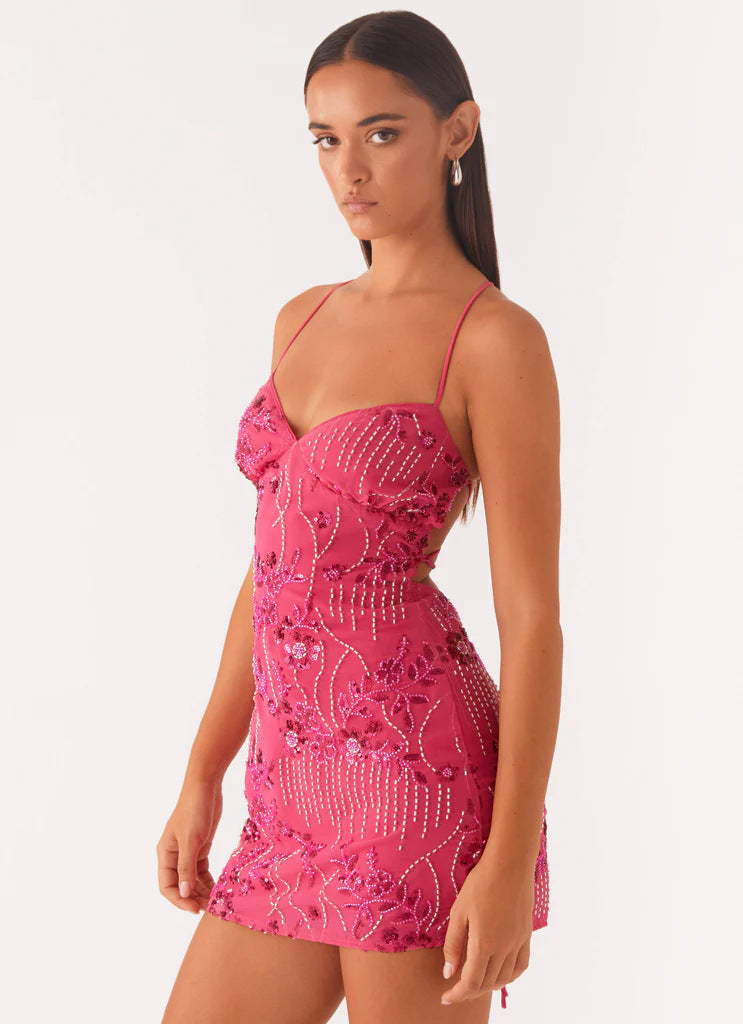 Robe à sequins brodés dos nu, coupe ajustée, du S au 2XL