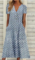 Robe droite à col V et imprimé patchwork, bleu ou vert, bleu