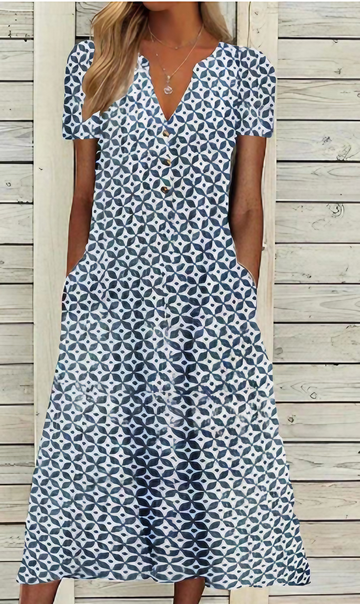 Robe droite à col V et imprimé patchwork, bleu ou vert, bleu