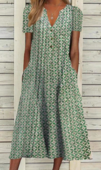Robe droite à col V et imprimé patchwork, bleu ou vert, vert