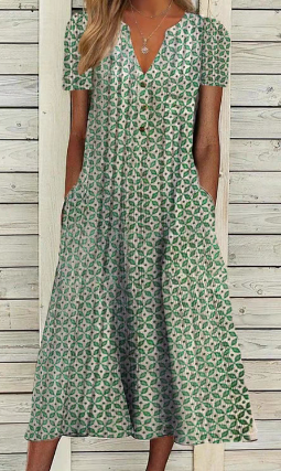 Robe droite à col V et imprimé patchwork, bleu ou vert, vert