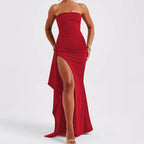 Robe longue bustier dos nu, coupe en A, quatre coloris, rouge