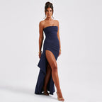Robe longue bustier dos nu, coupe en A, quatre coloris, bleu