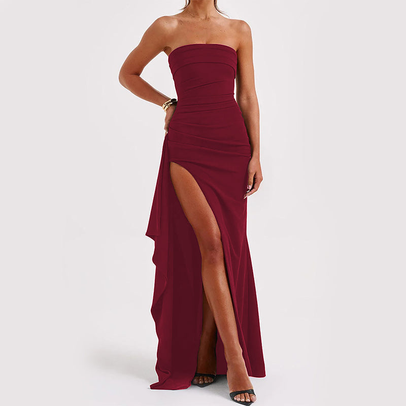 Robe longue bustier dos nu, coupe en A, quatre coloris, bordeaux