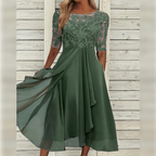 Robe d'invitée de mariage mi-longue, haut brodé, manches courtes, vert