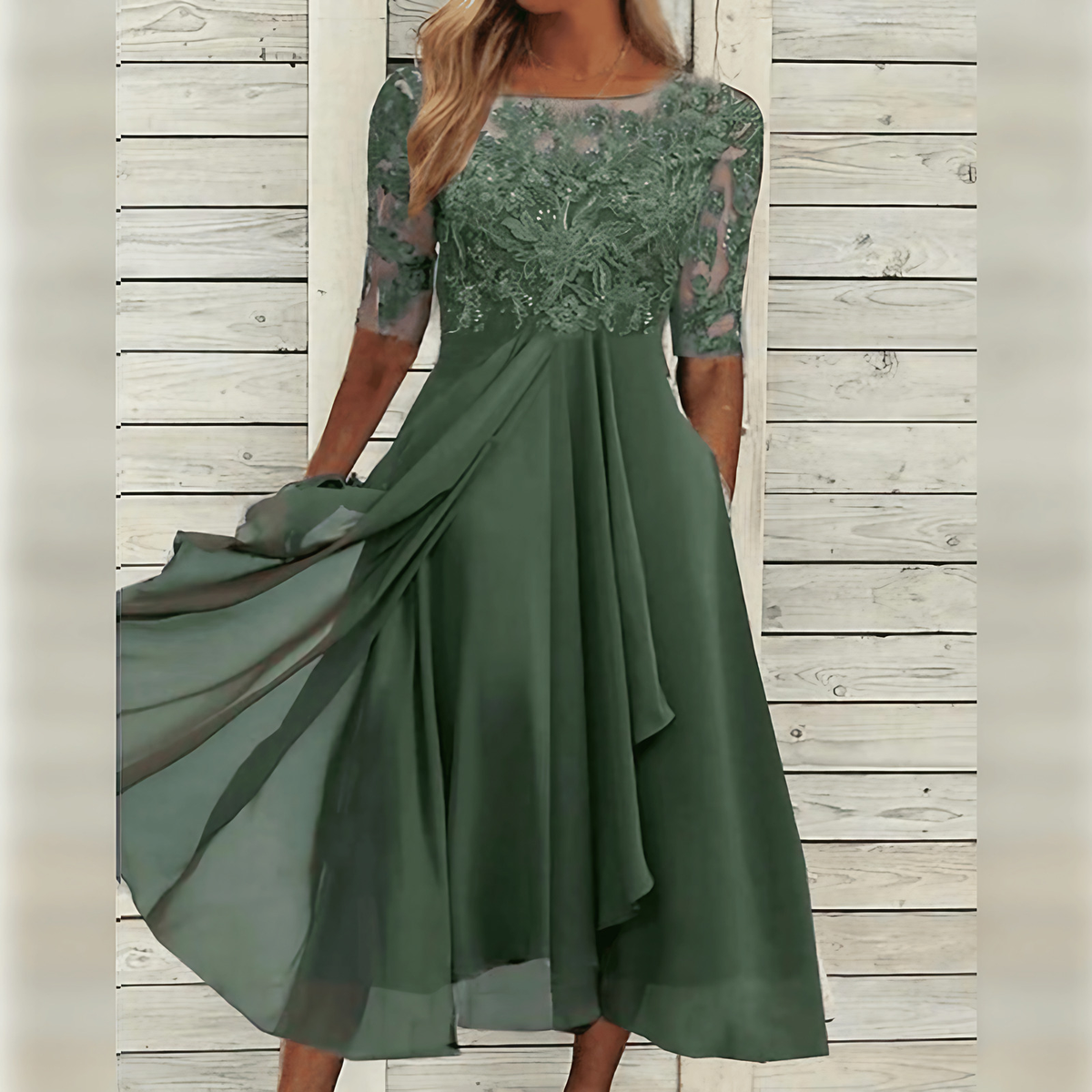 Robe d'invitée de mariage mi-longue, haut brodé, manches courtes, vert