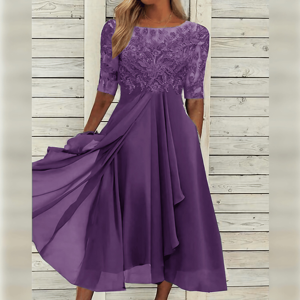 Robe d'invitée de mariage mi-longue, haut brodé, manches courtes, violet