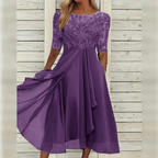 Robe d'invitée de mariage mi-longue, haut brodé, manches courtes, violet