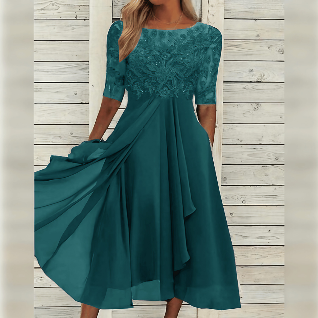 Robe d'invitée de mariage mi-longue, haut brodé, manches courtes, turquoise
