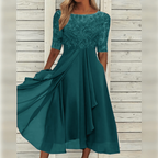 Robe d'invitée de mariage mi-longue, haut brodé, manches courtes, turquoise