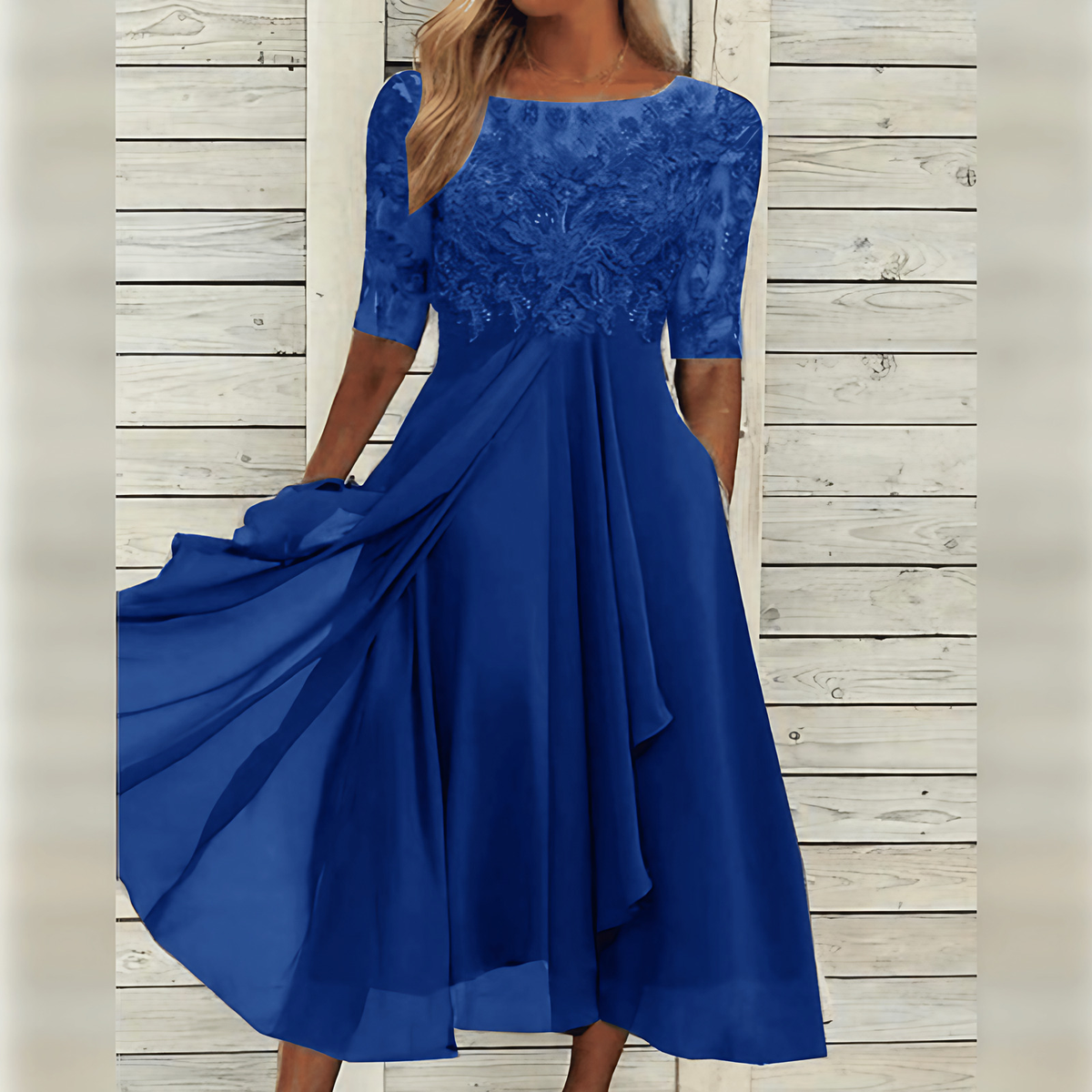 Robe d'invitée de mariage mi-longue, haut brodé, manches courtes, bleu foncé