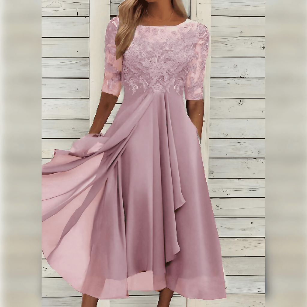 Robe d'invitée de mariage mi-longue, haut brodé, manches courtes, rose