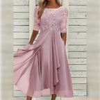 Robe d'invitée de mariage mi-longue, haut brodé, manches courtes, rose
