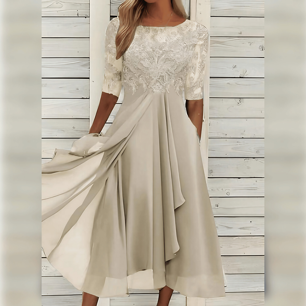Robe d'invitée de mariage mi-longue, haut brodé, manches courtes, beige
