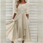 Robe d'invitée de mariage mi-longue, haut brodé, manches courtes, beige