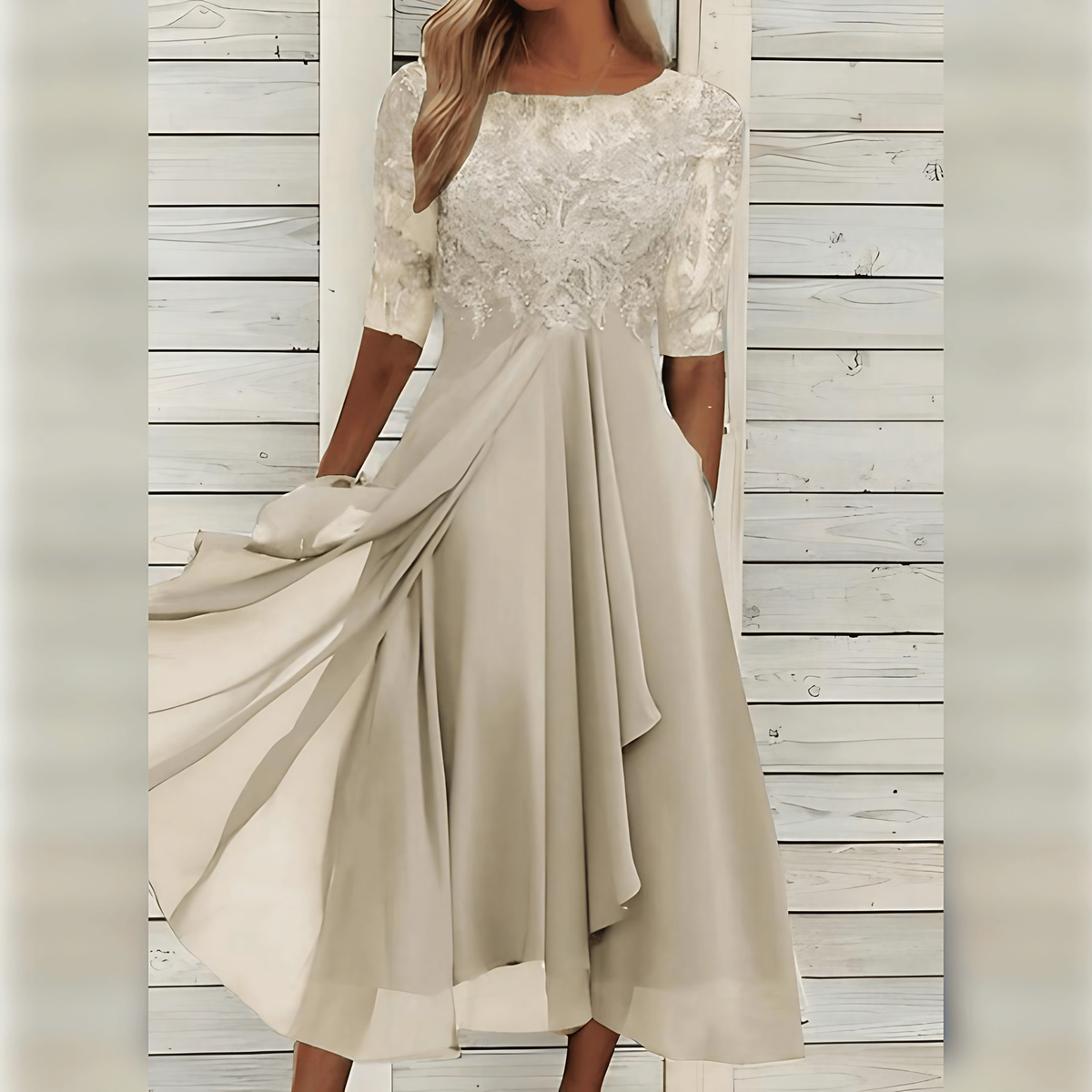 Robe d'invitée de mariage mi-longue, haut brodé, manches courtes, beige