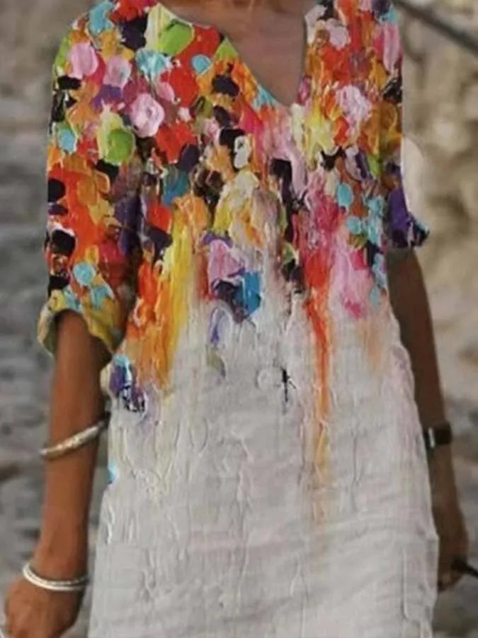 Robe femme à imprimé façon peinture à l'huile, col rond