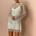 Robe à bretelles fines en mesh perlé, blanc ou noir
