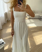 Robe longue à col carré femme, unie, noire ou blanche