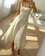 Robe longue à col carré femme, unie, noire ou blanche, blanc