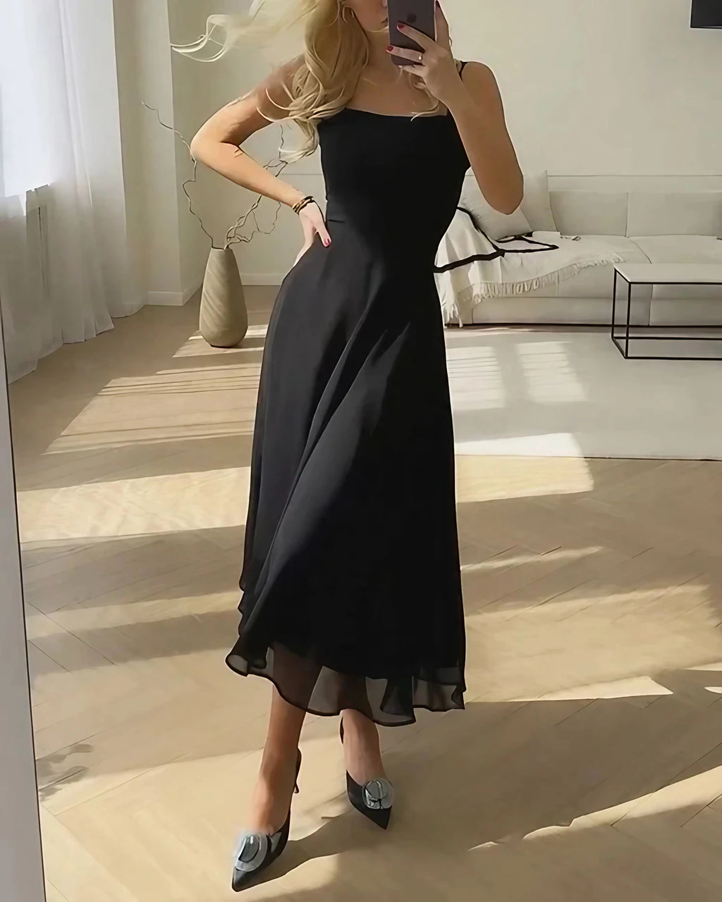 Robe longue à col carré femme, unie, noire ou blanche, noir