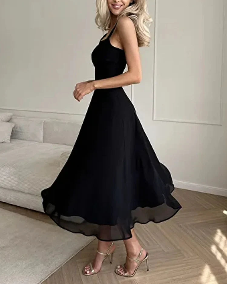 Robe longue à col carré femme, unie, noire ou blanche