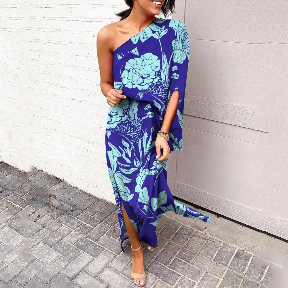Robe longue à épaule asymétrique, huit coloris, du S au 2XL, bleu