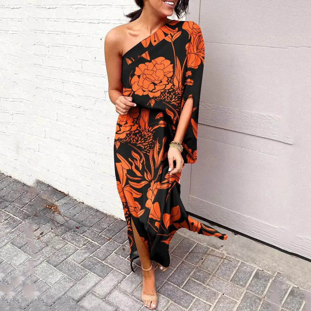 Robe longue à épaule asymétrique, huit coloris, du S au 2XL, orange