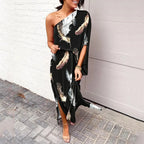 Robe longue à épaule asymétrique, huit coloris, du S au 2XL, noir à motif