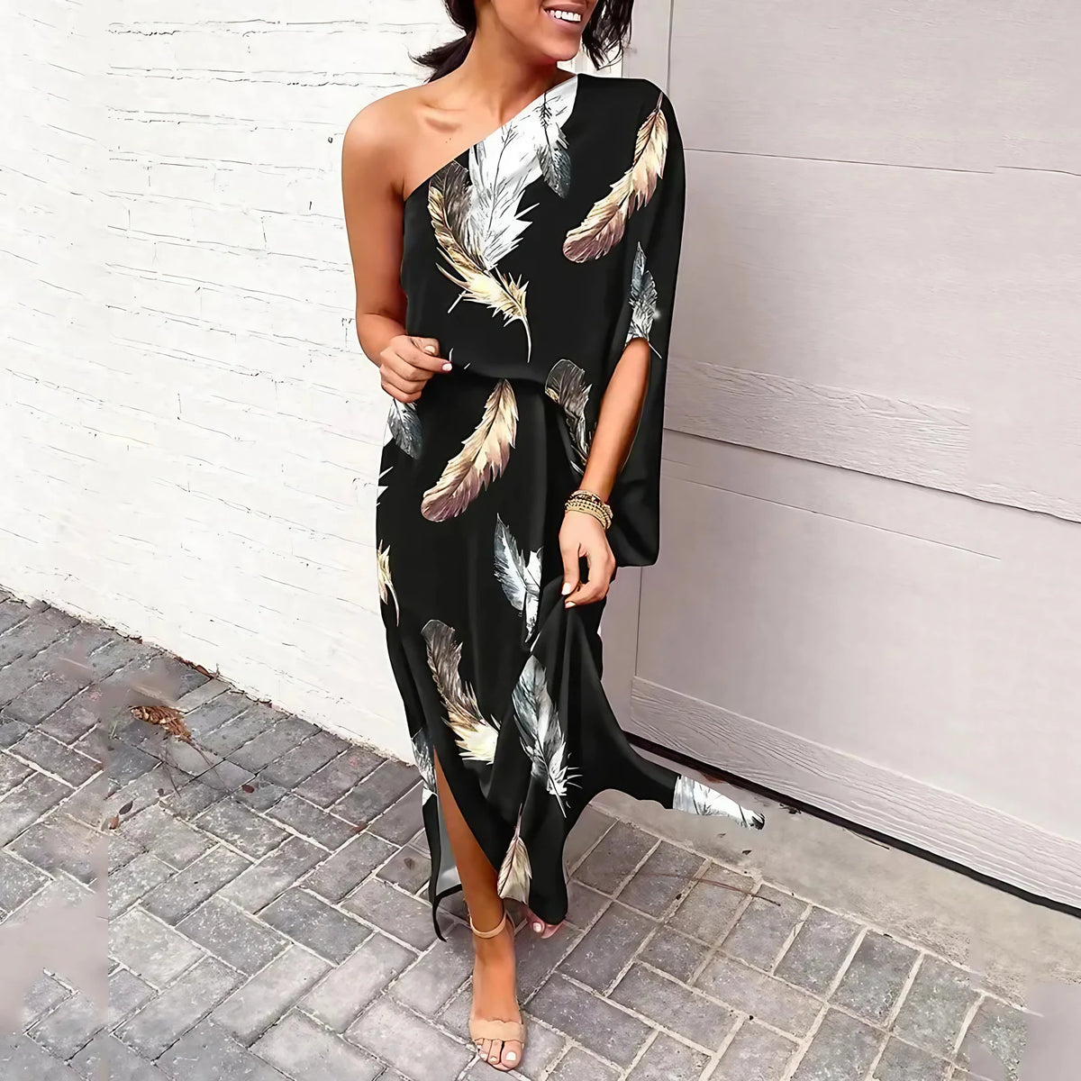 Robe longue à épaule asymétrique, huit coloris, du S au 2XL, noir à motif