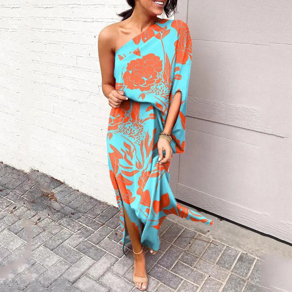 Robe longue à épaule asymétrique, huit coloris, du S au 2XL, turquoise