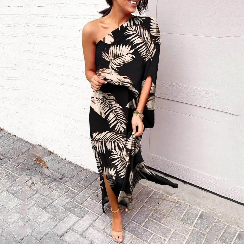 Robe longue à épaule asymétrique, huit coloris, du S au 2XL, feuillage sur fond noir
