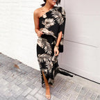 Robe longue à épaule asymétrique, huit coloris, du S au 2XL, feuillage sur fond noir