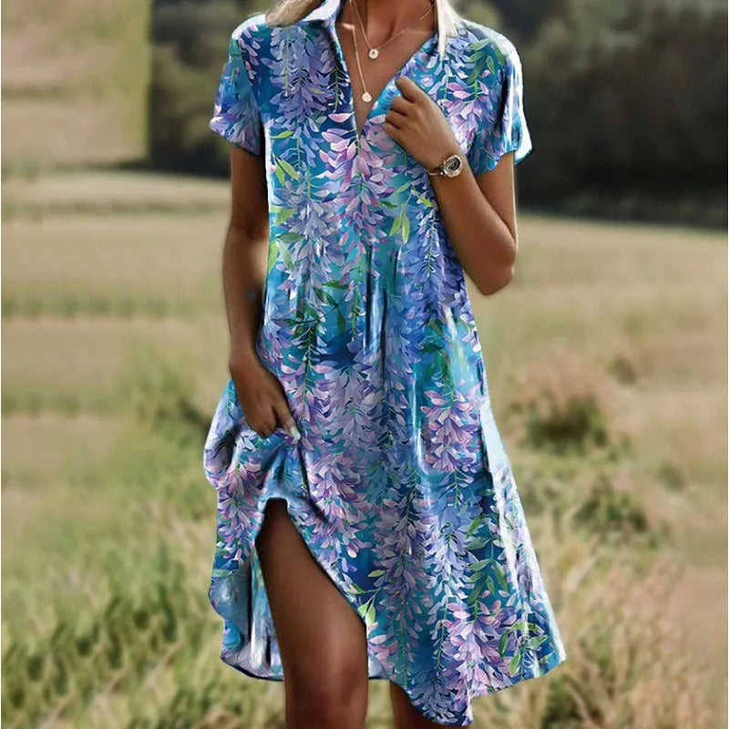 Robe fleurie femme à col V boutonné, du S au 3XL, bleu