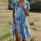Robe fleurie femme à col V boutonné, du S au 3XL, bleu