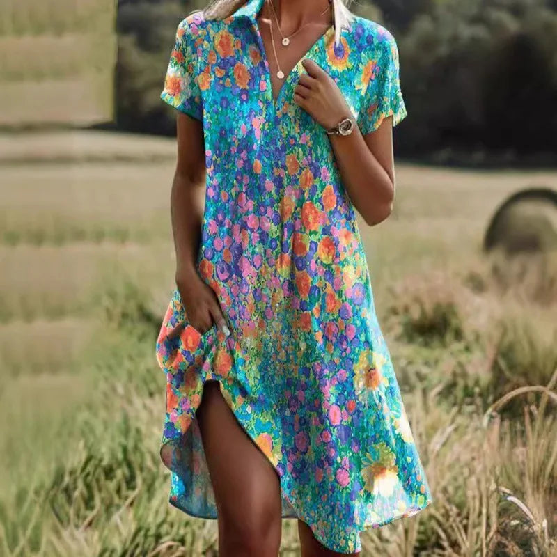 Robe fleurie femme à col V boutonné, du S au 3XL, multicolore
