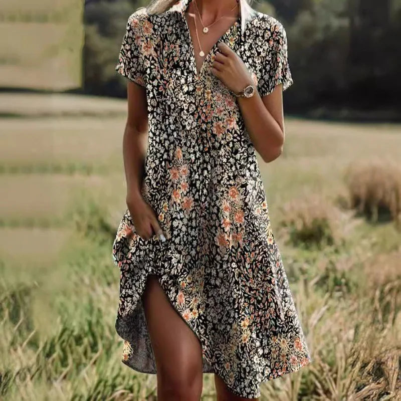 Robe fleurie femme à col V boutonné, du S au 3XL, brun