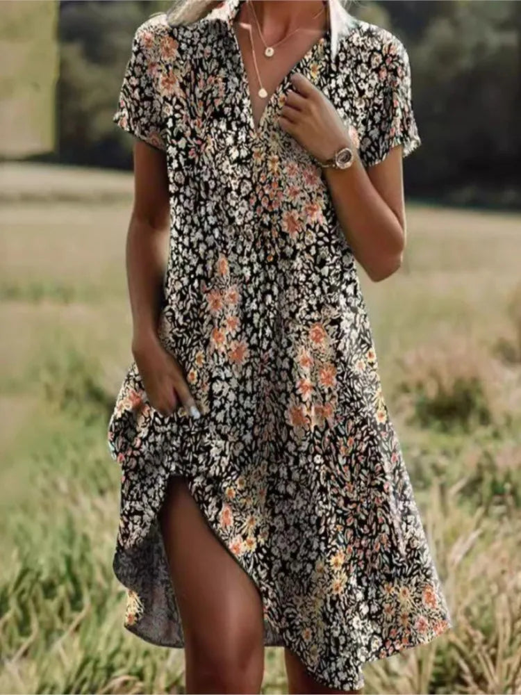 Robe fleurie femme à col V boutonné, du S au 3XL