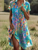 Robe fleurie femme à col V boutonné, du S au 3XL
